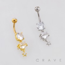 CELESTIAL STAR CZ DANGLE HEART CZ PLANET SATURN BELLY NAVEL RING 316L SURGICAL STEEL